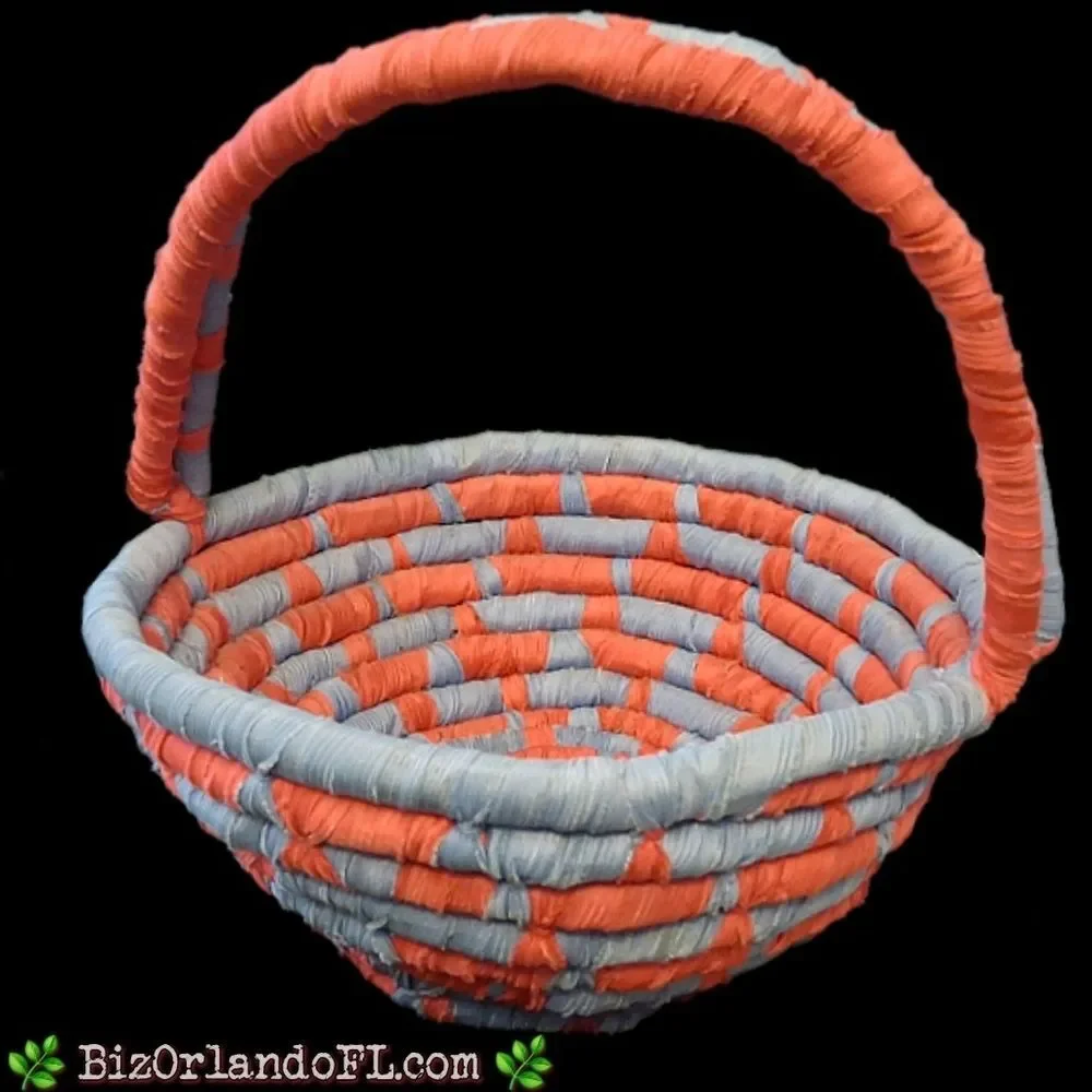 VINTAGE: Set of 2 Matching Nested Coiled Rope Basket in Coral & Blue Colors RARE